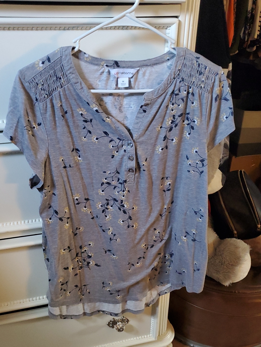 Liz Claiborne Light Blue Floral Henley with Smocking